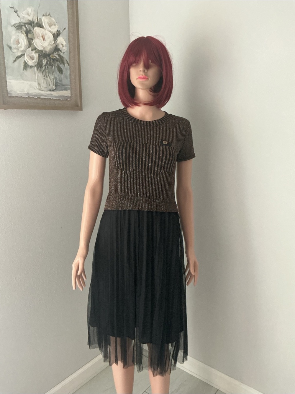 Girls Brown Metallic Knit Top and Black Tulle Skirt Dress